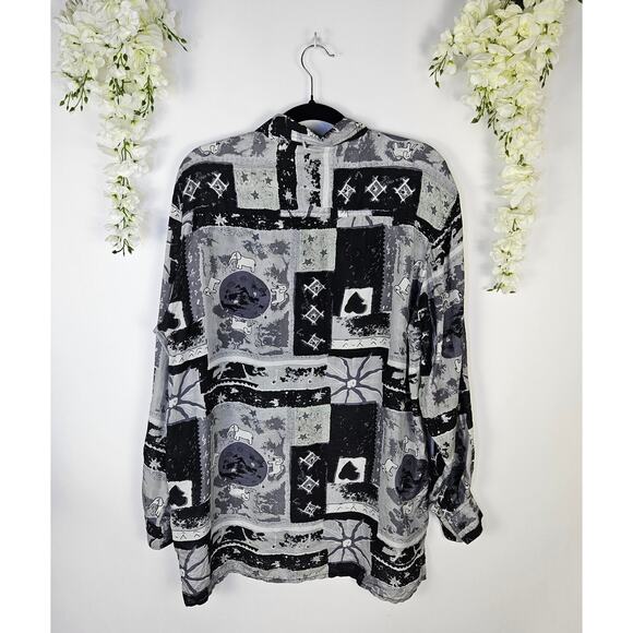 Vintage Mens Large Silk Button Up Gray Abstract Elephant Art Unique 80s Funky - Picture 3 of 12